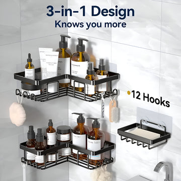 3-Pack Rustproof Stainless Steel Corner Adhesive Shower Caddy with 12 Hooks