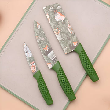 3 pieces stainless steel printed animals kitchen fruit knife set