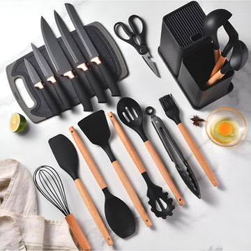 19pcs Silicone Cooking Utensil Set with Natural Wooden Handles