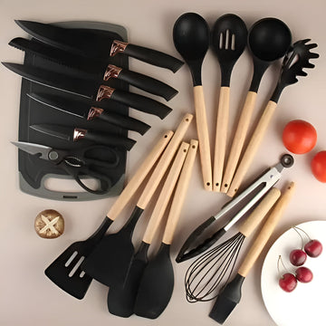 19pcs Silicone Cooking Utensil Set with Natural Wooden Handles